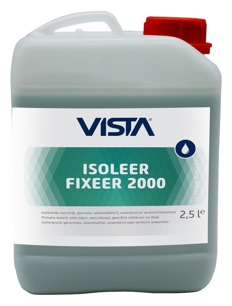 Vista Isoleer Fixeer 2000 voorstrijk voor verstevigen van poreuze ondergronden en isoleren van vlekkenwanden binnen en buiten per 1, 2,5 of 5 liter Vista Isoleer Fixeer 2000 voorstrijk voor verstevigen van poreuze ondergronden en isoleren van vlekkenwanden binnen en buiten per 1, 2,5 of 5 liter