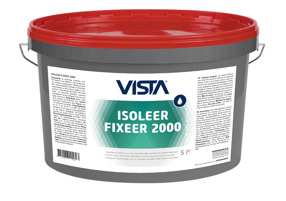 Vista Isoleer Fixeer 2000 voorstrijk voor verstevigen van poreuze ondergronden en isoleren van vlekkenwanden binnen en buiten per 1, 2,5 of 5 liter Vista Isoleer Fixeer 2000 voorstrijk voor verstevigen van poreuze ondergronden en isoleren van vlekkenwanden binnen en buiten per 1, 2,5 of 5 liter